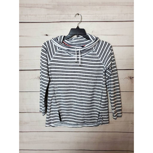 Tommy Hilfiger Womens Pullover Sweatshirt White Black Stripe Front Slit Pocket S - Picture 1 of 6
